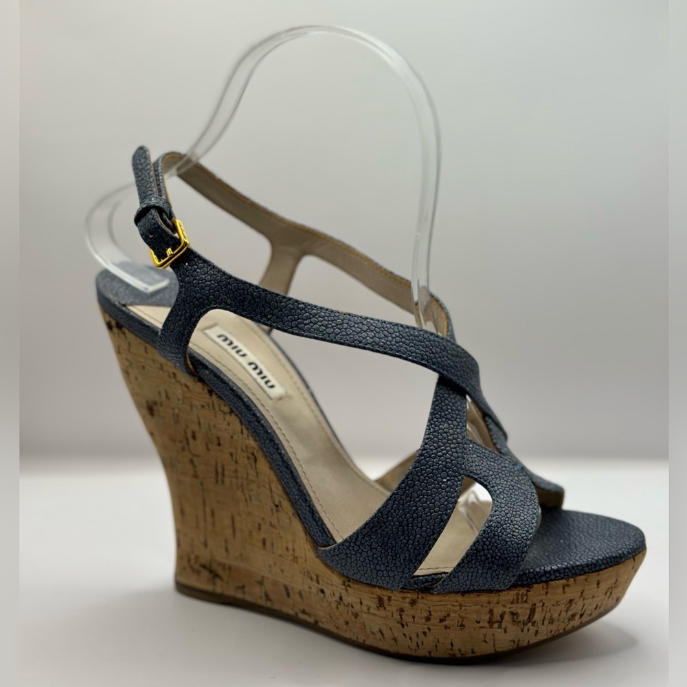 MIU MIU - Leather and Cork Platform Wedges in Jean Blue